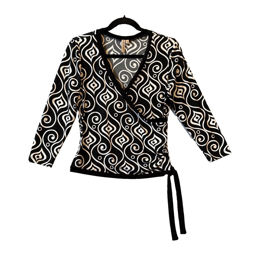 Susan Lawrence Wrap Top M Black White Geometric Swirl Psychedelic Retro Y2K Mod